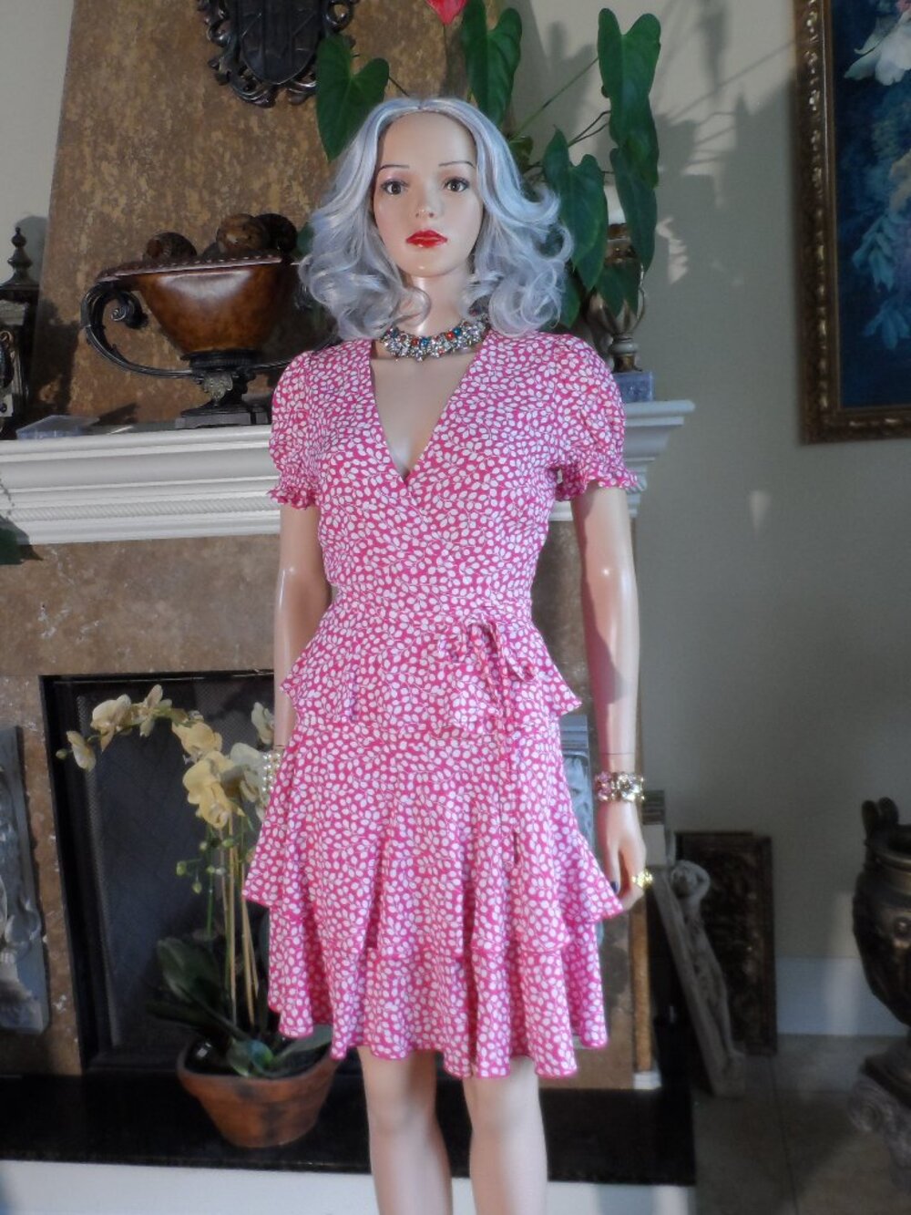 New Diane von Furstenberg Pink White Print Skirt & Wrap Top Set S/4